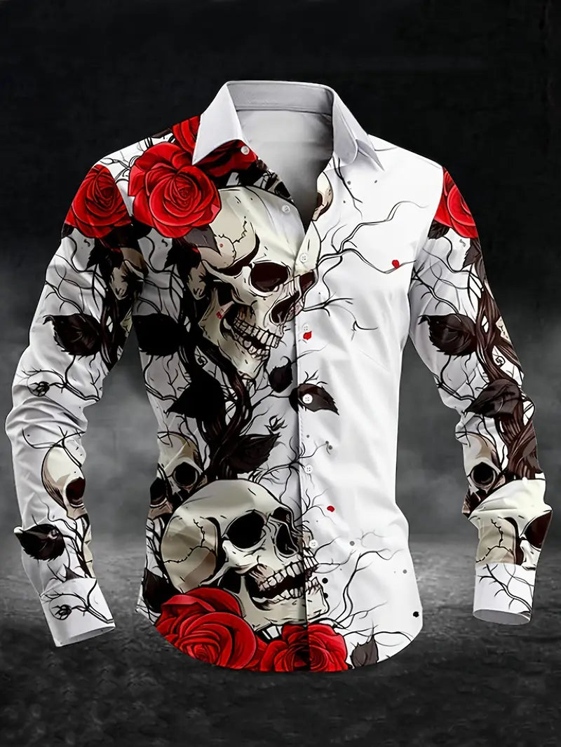 Chemise fantaisie homme – Motif crâne et roses rouges, Style gothique tendance et original