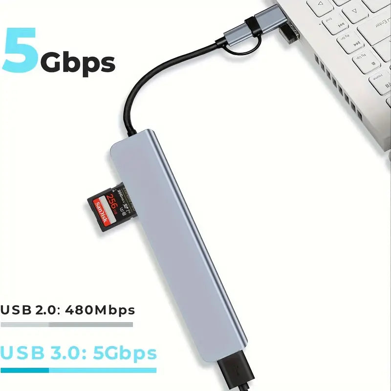 Hub USB Multiport 7 en 1 – Adaptateur USB-C avec HDMI, USB 3.0, USB 2.0, Lecteur de Carte SD/TF et Prise Jack