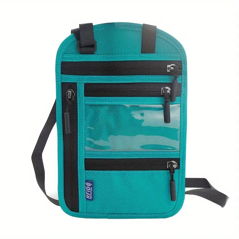 Porte-passeport tour de cou antivol gris  Pochette de voyage RFID avec multiples compartiments zippés