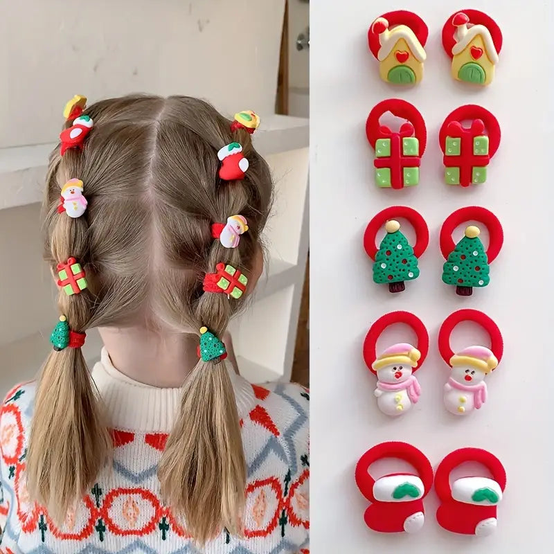 Lot d’Élastiques Cheveux Enfant Motifs de Noël – Accessoires Festifs Père Noël, Pingouin et Ourson