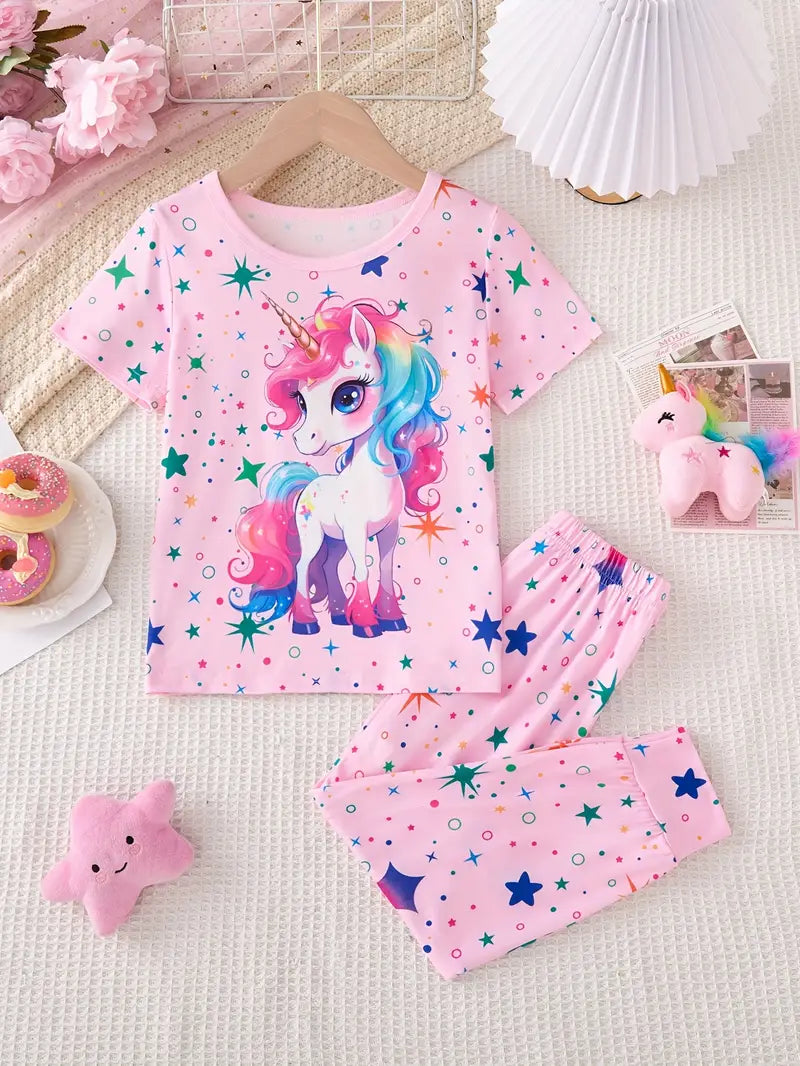 Ensemble fille licorne 2 pièces – T-shirt et pantalon bleu nuit imprimé étoiles