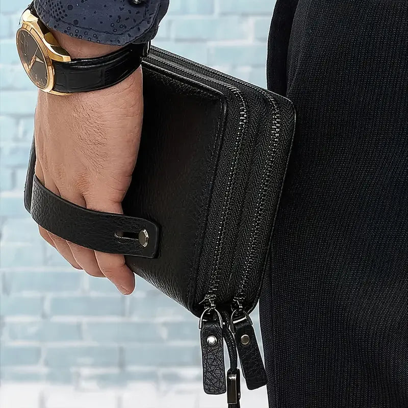 Portefeuille homme en cuir avec dragonne  Multi-compartiments, fermeture zippée, élégant et pratique