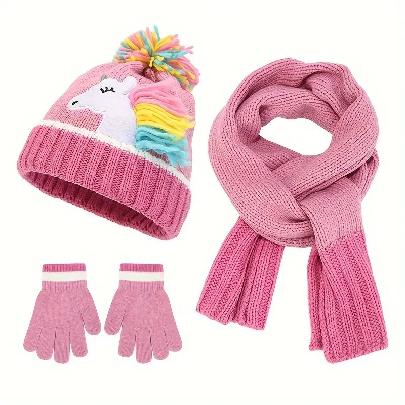 Ensemble Hiver Licorne Fille – Bonnet, Écharpe et Gants Chauds en Tricot