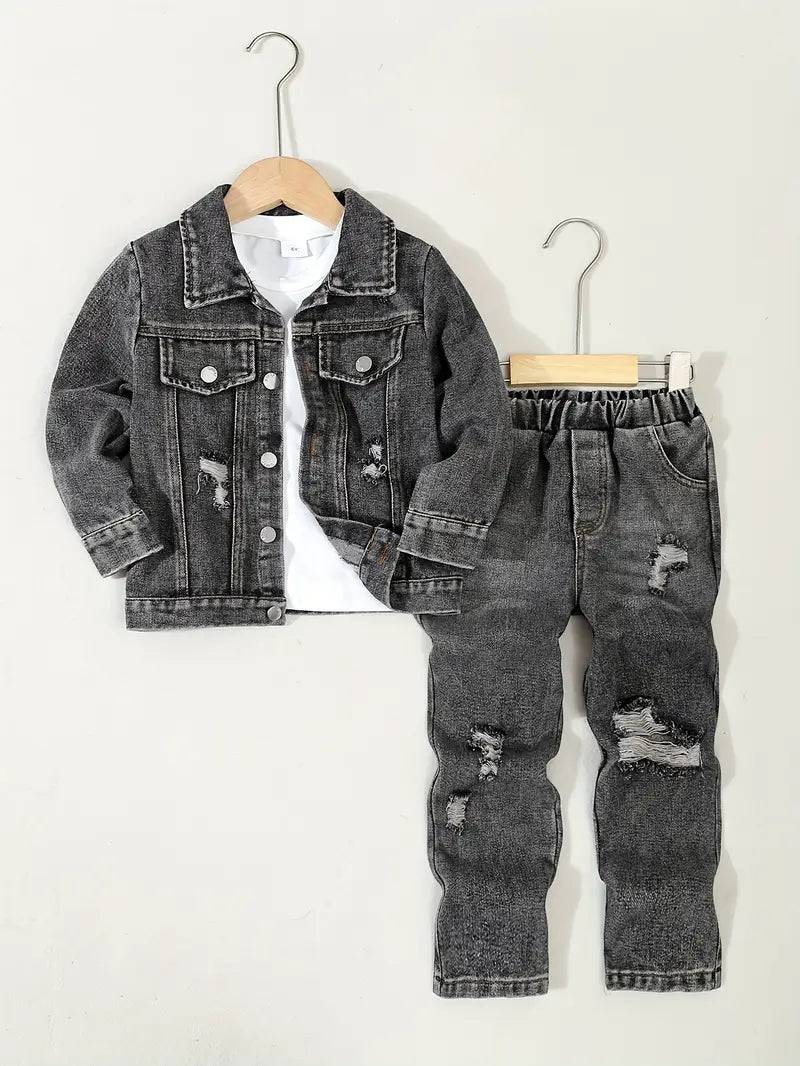 Ensemble Garçon Jean Noir – Veste en Denim + Pantalon Déchiré Style Décontracté
