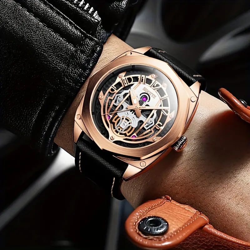 Montre homme automatique squelette – Design mécanique noir et or rose avec bracelet cuir