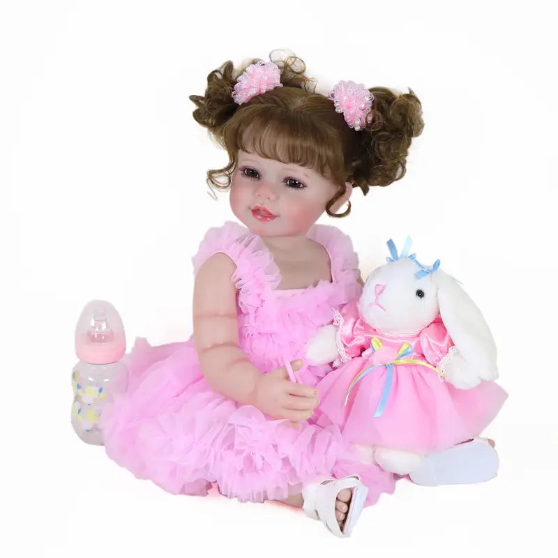 Grande poupée réaliste fille en robe rose avec doudou lapin et biberon – Jouet interactif pour enfants