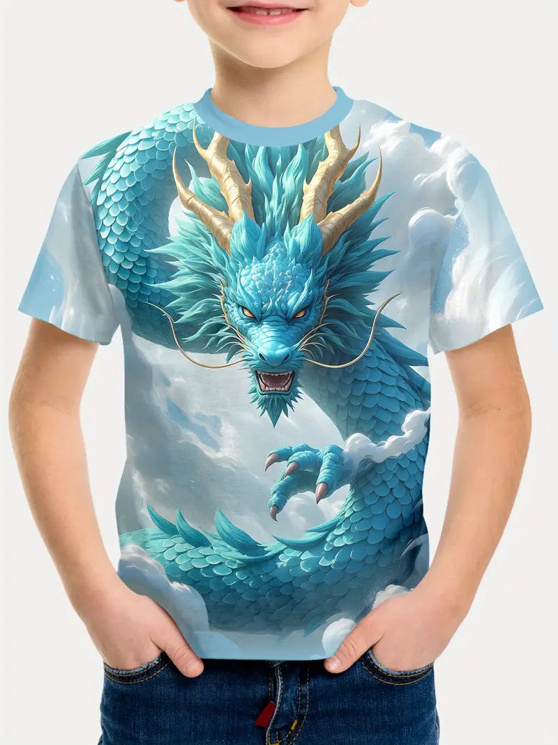 T-shirt Garçon Fantaisie Dragon Bleu – Motif 3D Écailles et Nuages