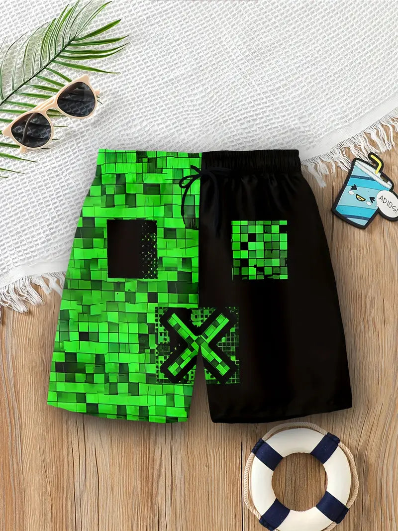 Maillot de bain garçon short plage vert et noir style pixel – Confort léger et séchage rapide