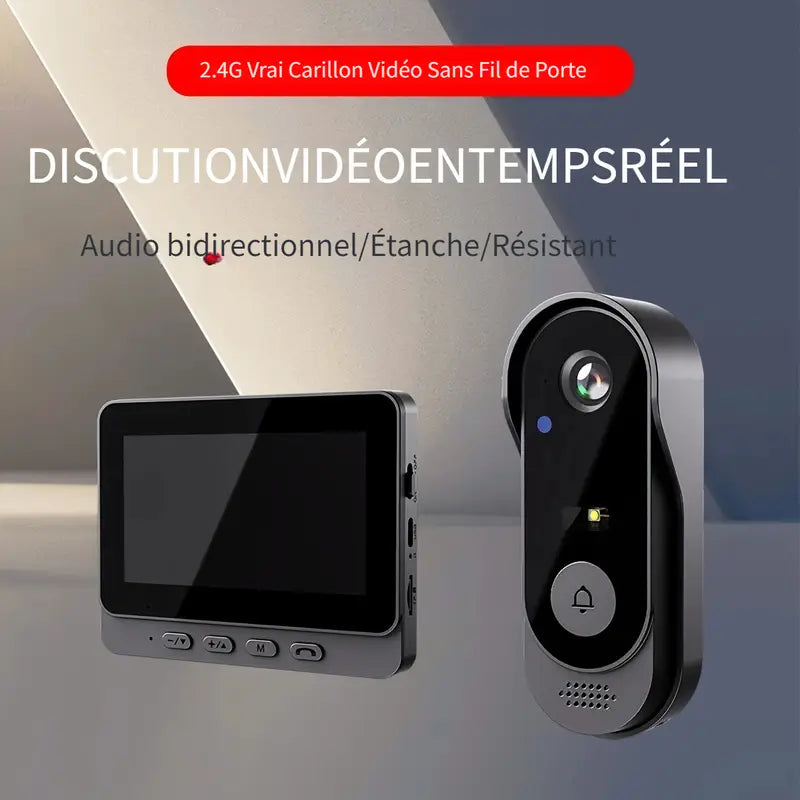 Interphone Vidéo Sans Fil avec Écran – Sonnette Connectée 2.4G Étanche avec Audio Bidirectionnel et Vision en Temps Réel