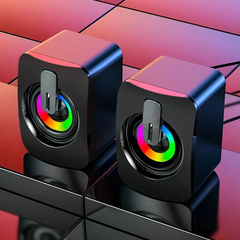 Enceintes USB Stéréo avec Lumières LED RGB – Haut-Parleurs de Bureau pour PC, Ordinateur Portable et Gaming