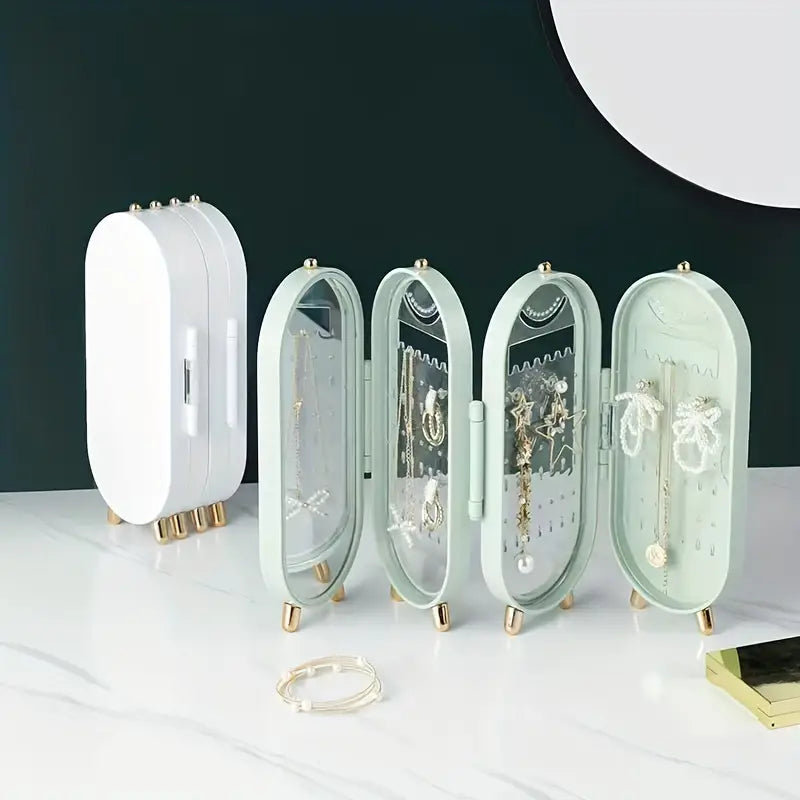 Boîte à bijoux design vertical en vert émeraude – Organisateur rotatif moderne avec pieds dorés