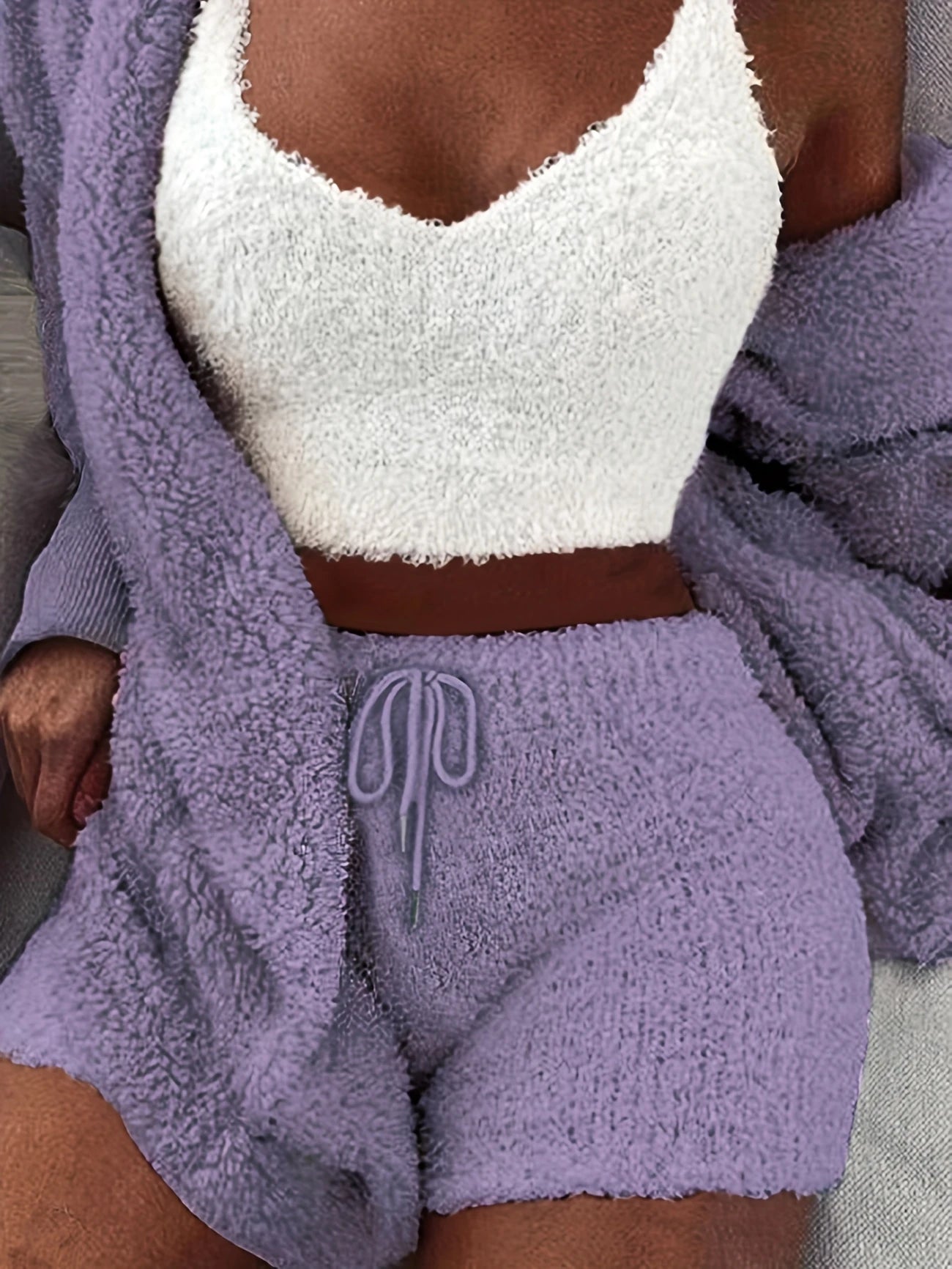 Pyjama Femme 3 Pièces Doudou Ultra Doux – Gilet, Débardeur & Short Cocooning pour Hiver