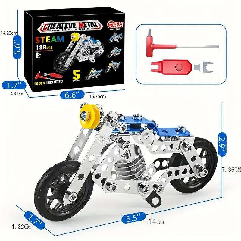 Kit de Construction Métal Moto 3D – 139 Pièces à Assembler avec Outils Inclus | Modélisme et Maquettes Éducatives