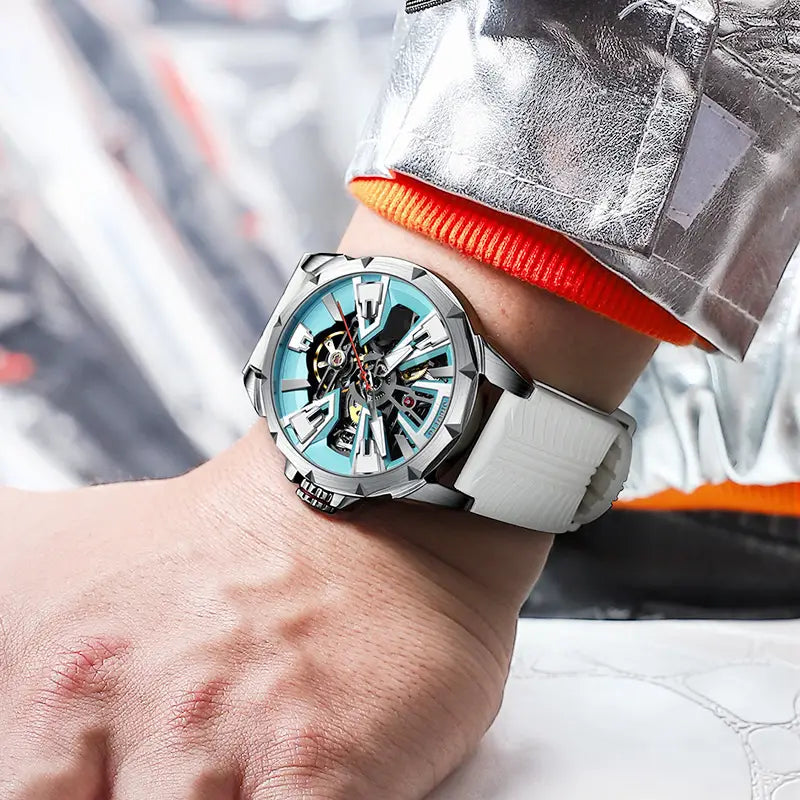 Montre homme automatique squelette – Design sport élégant avec cadran bleu et bracelet silicone blanc