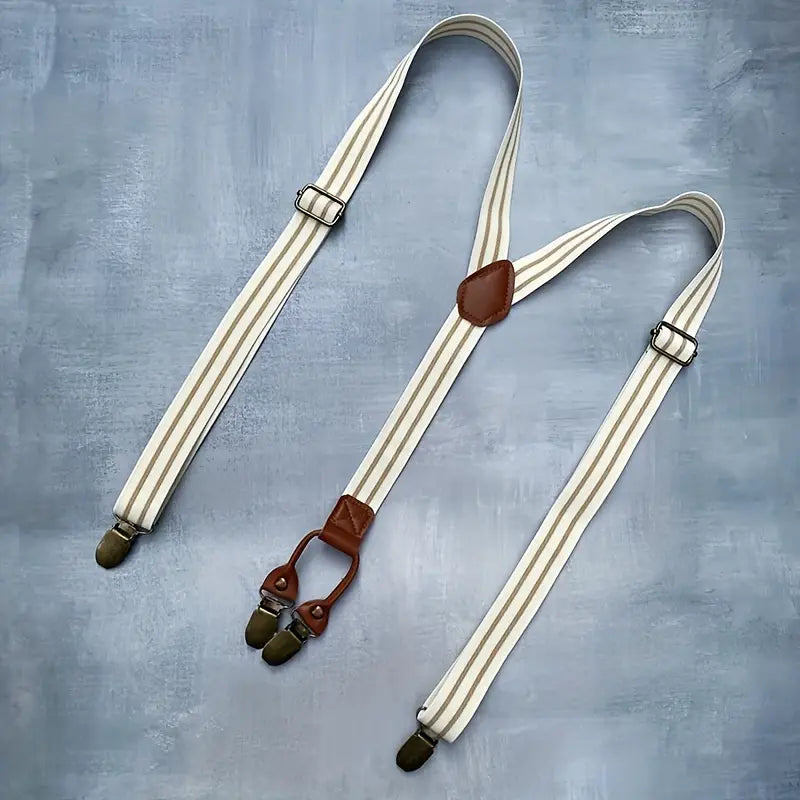 Bretelles homme à rayures rétro ajustables – Style vintage élégant avec attaches métalliques et cuir marron