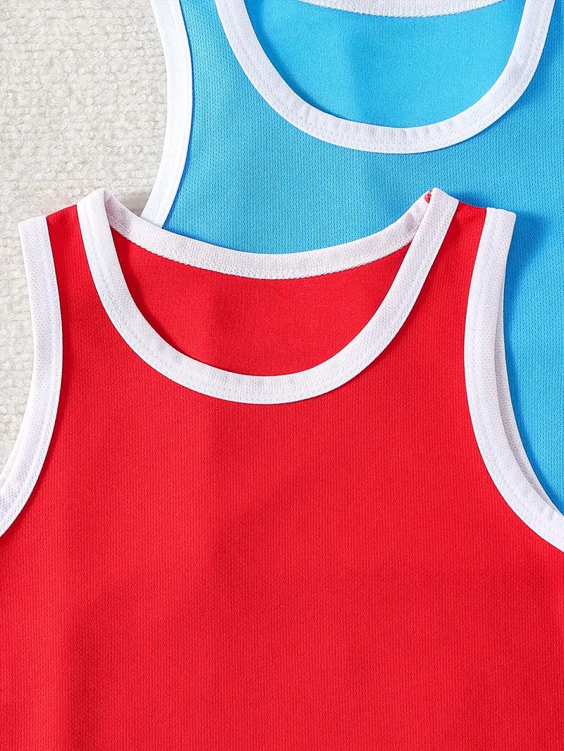 Débardeur de Sport Enfant – Maillot Sans Manches Respirant Rouge et Bleu