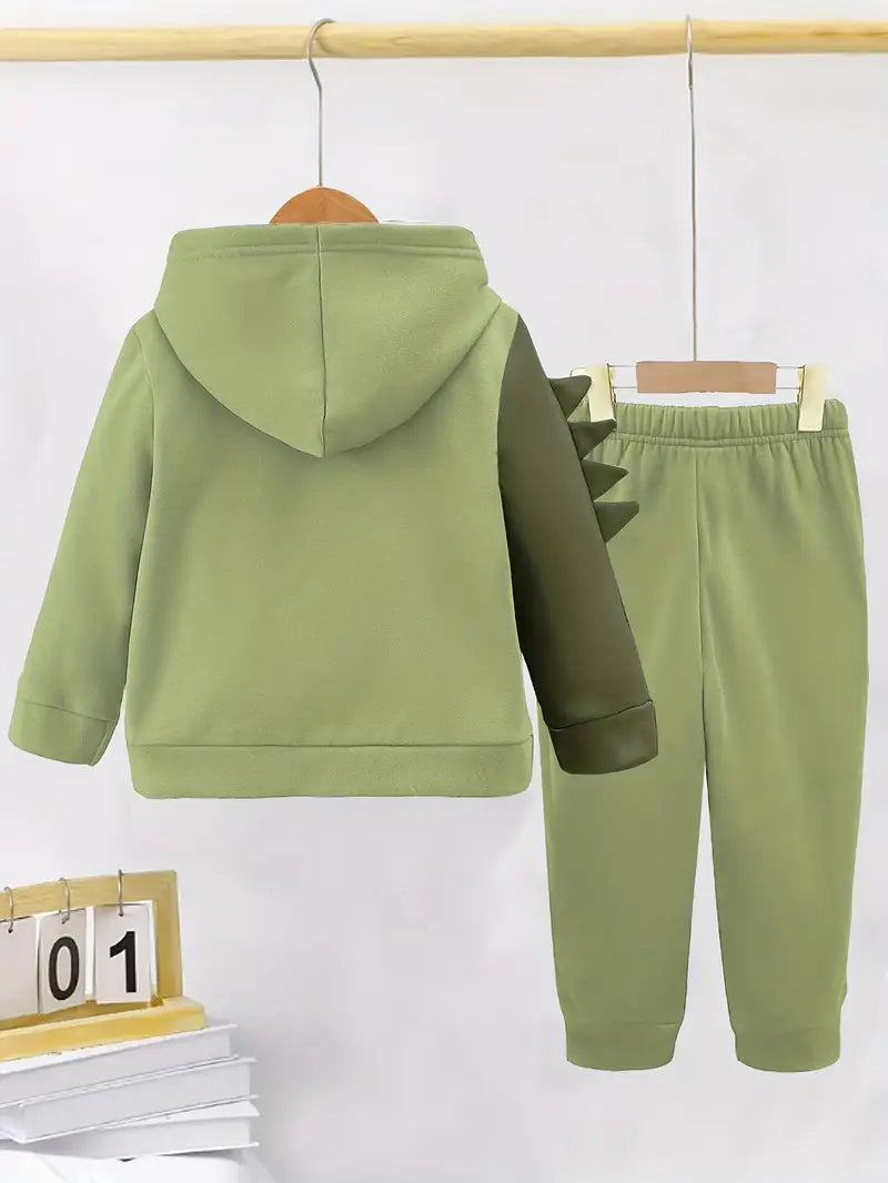 Ensemble Garçon Vert Dinosaure – Sweat à Capuche Zippé + Pantalon Jogging Confortable
