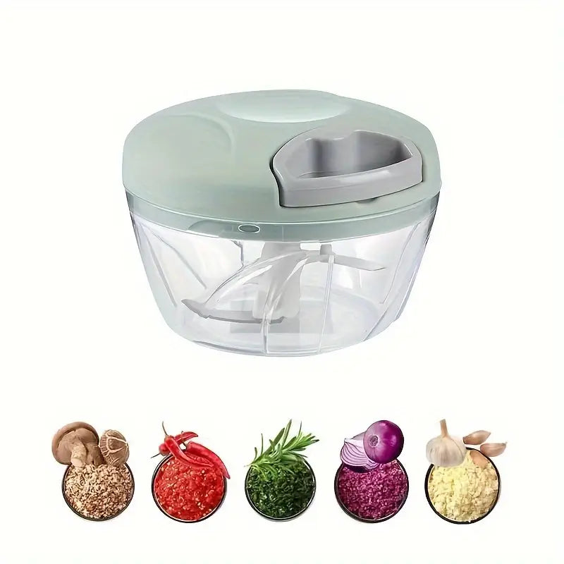 Hachoir Manuel à Corde Multifonction – Coupe-Rapide pour Ail, Oignon, Herbes, Fruits Secs et Légumes – Bol Transparent avec Lames Acier Inoxydable