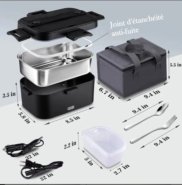 Lunch Box Électrique 1,8L 80W – Chauffe-repas Portable Rechargeable avec Câble Voiture & Prise Secteur