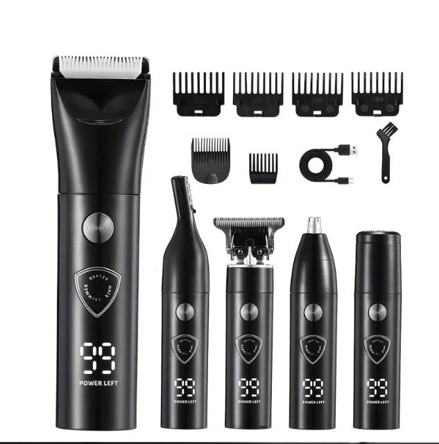 Tondeuse Électrique 5-en-1 – Kit Multifonction Barbe, Cheveux, Nez & Corps, Écran LED, Rechargeable USB