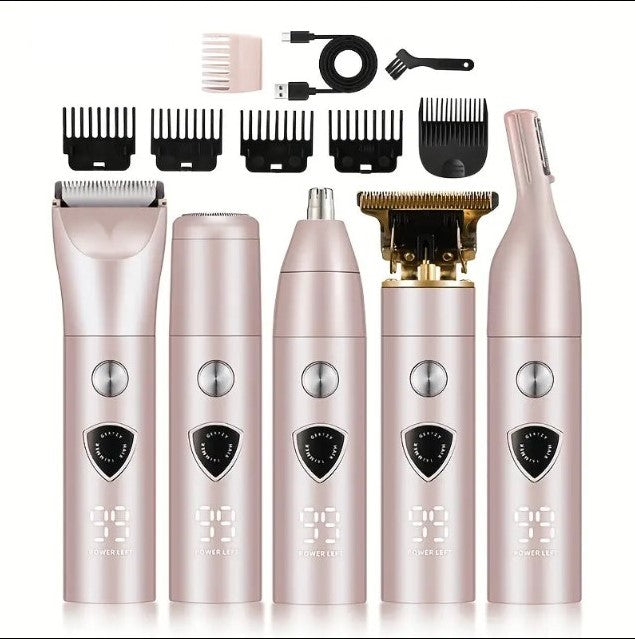 Tondeuse Électrique 5-en-1 – Kit Multifonction Barbe, Cheveux, Nez & Corps, Écran LED, Rechargeable USB
