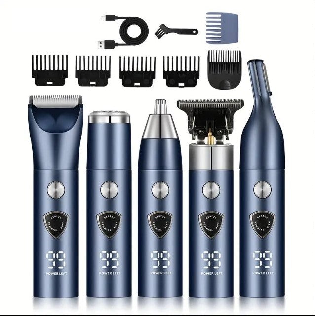 Tondeuse Électrique 5-en-1 – Kit Multifonction Barbe, Cheveux, Nez & Corps, Écran LED, Rechargeable USB