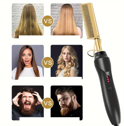 Peigne Chauffant Électrique 3 Niveaux – Lisseur à Chaud pour Cheveux et Barbe, Coiffage Rapide & Anti-Frisottis