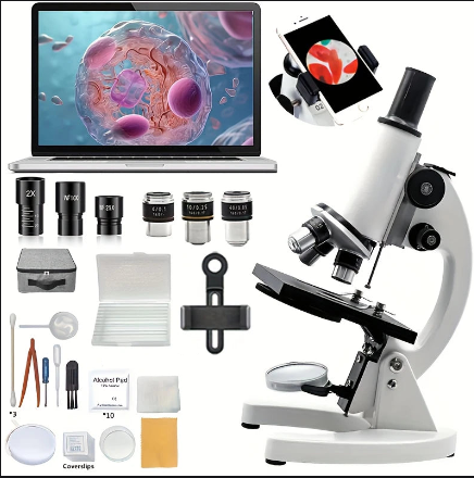 Microscope Professionnel Complet avec Accessoires – Grossissement jusqu’à 1600X, Compatible Smartphone & PC