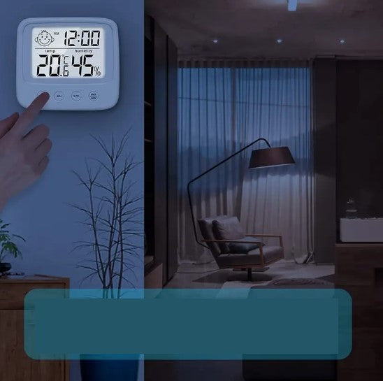 Thermomètre Hygromètre Numérique avec Horloge – Écran LCD Rétroéclairé | Mesure Précise Température & Humidité Intérieure