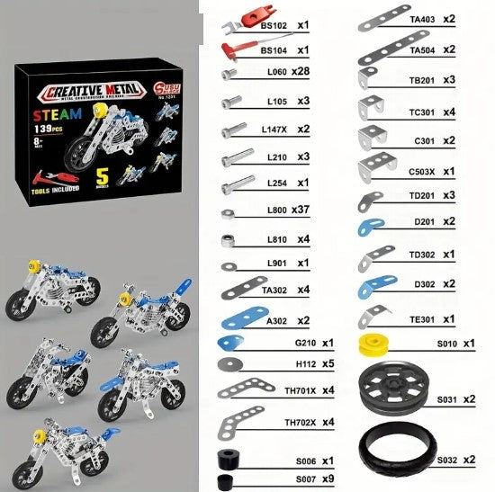Kit de Construction Métal Moto 3D – 139 Pièces à Assembler avec Outils Inclus | Modélisme et Maquettes Éducatives