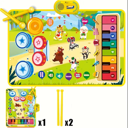 Tapis Musical Éducatif Enfant – Clavier & Batterie Électronique avec Sons d’Animaux, Fonctions Ludiques & Baguettes