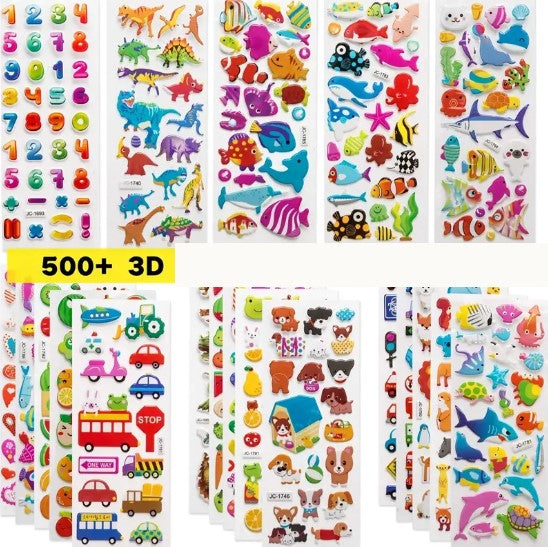 Planchettes d’Autocollants 3D Mignons – Stickers Enfants Thèmes Animaux, Fruits, Véhicules et Cœurs
