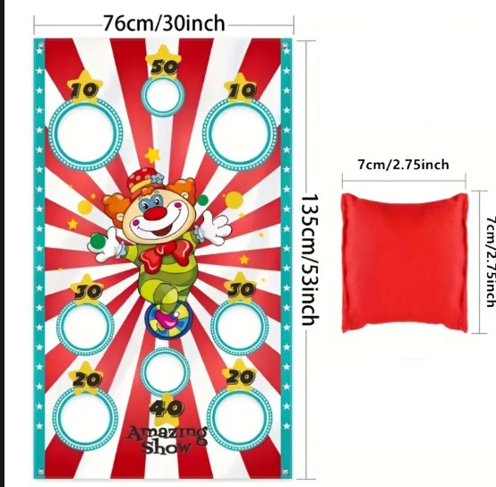 Jeu de lancer de sacs avec cible clown – Animation festive et jeu d’adresse pour enfants