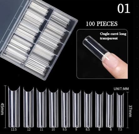 Capsules Ongles Longues Transparentes – 100 Pièces Tips Carrés pour Extension et Pose d’Ongles en Gel ou Acrylique