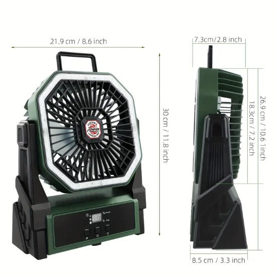 Ventilateur portable rechargeable avec LED et chargeur USB – Idéal pour camping, plein air et alimentation d’appoint