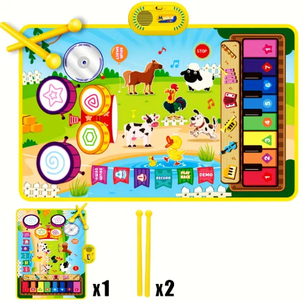 Tapis Musical Éducatif Enfant – Clavier & Batterie Électronique avec Sons d’Animaux, Fonctions Ludiques & Baguettes
