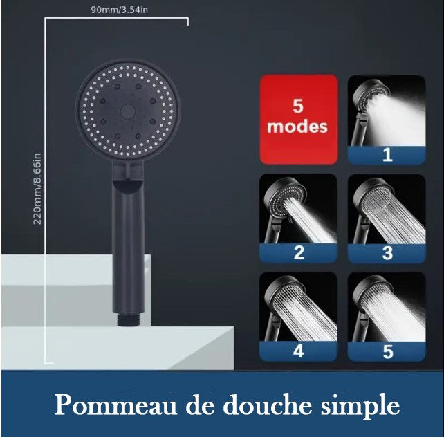 Pommeau de Douche Haute Pression 5 Jets – Douchette Réglable avec Économie d’Eau et Jet Massant