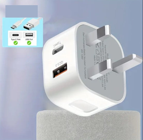 Chargeur mural rapide USB Type-C + QC 3.0 – Prise UK 18W pour smartphone, tablette et appareils électroniques