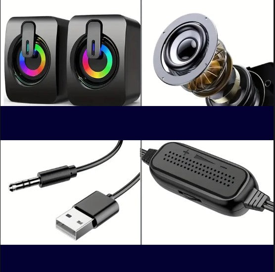 Enceintes USB Stéréo avec Lumières LED RGB – Haut-Parleurs de Bureau pour PC, Ordinateur Portable et Gaming