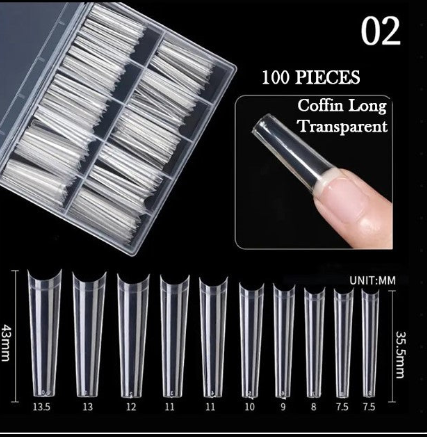 Capsules Ongles Longues Transparentes – 100 Pièces Tips Carrés pour Extension et Pose d’Ongles en Gel ou Acrylique