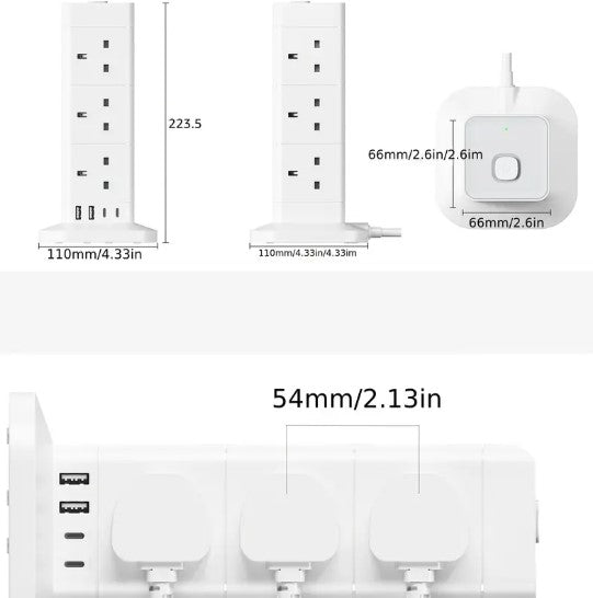 Multiprise Tour Électrique avec 8 Prises et 4 Ports USB – Bloc d’Alimentation Vertical Sécurisé