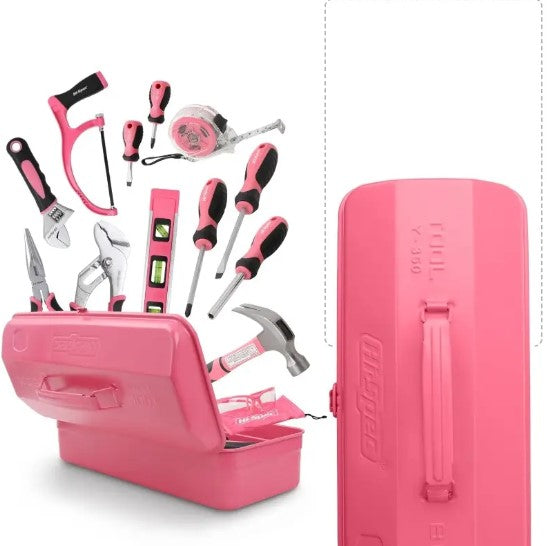 Coffret d’outils manuels complet avec boîte en métal rose – Kit bricolage 16 pièces