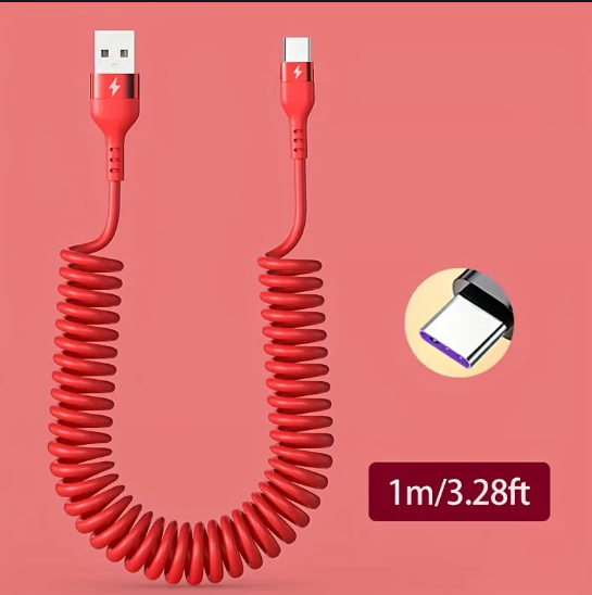Câble USB Spirale 1m – Charge Rapide Type-C pour Smartphone – Résistant, Extensible et Antienchevêtrement