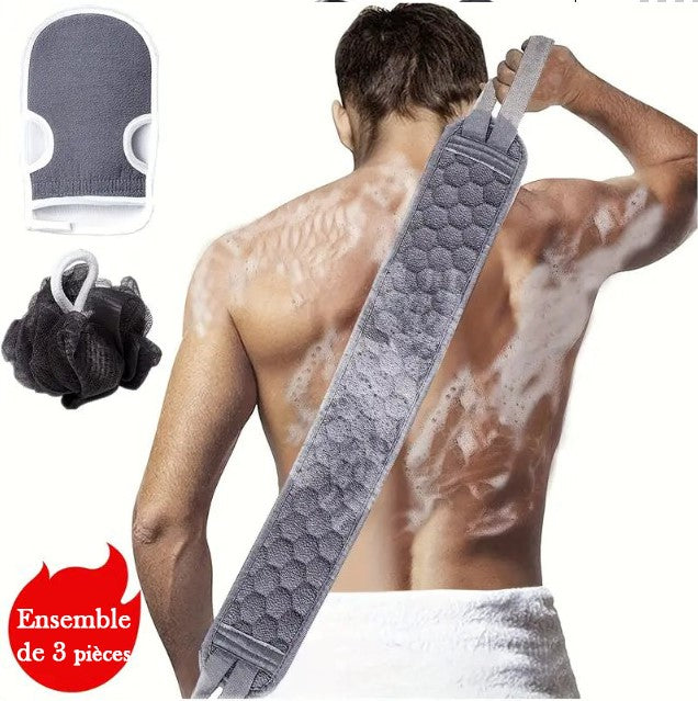 Kit de Gommage Douche 3 Pièces – Bande Exfoliante Dos, Gant de Bain et Fleur de Douche pour Soin du Corps