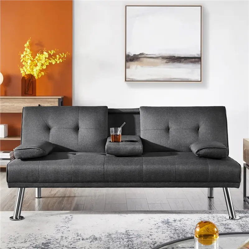 Canapé Convertible 3 Places en Tissu Bleu Pétrole – Design Moderne avec Accoudoirs et Pieds Chromés