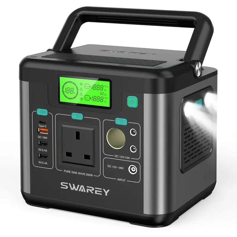 Station d’alimentation portable Swarey 300W – Générateur rechargeable compact avec prises USB, AC et lampe LED intégrée