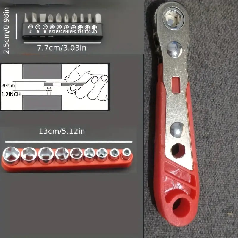 Clé à Cliquet Réversible avec Embouts – Outil de Serrage Compact et Polyvalent