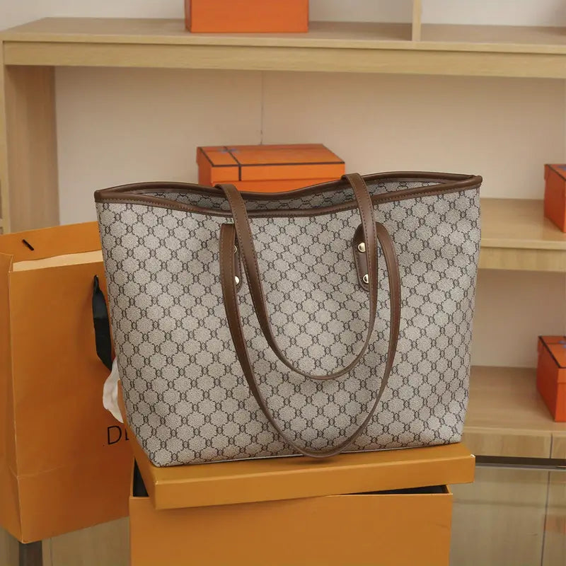 Sac Cabas Femme Grand Format en Toile Motif Géométrique avec Anses Marron – Élégant et Pratique