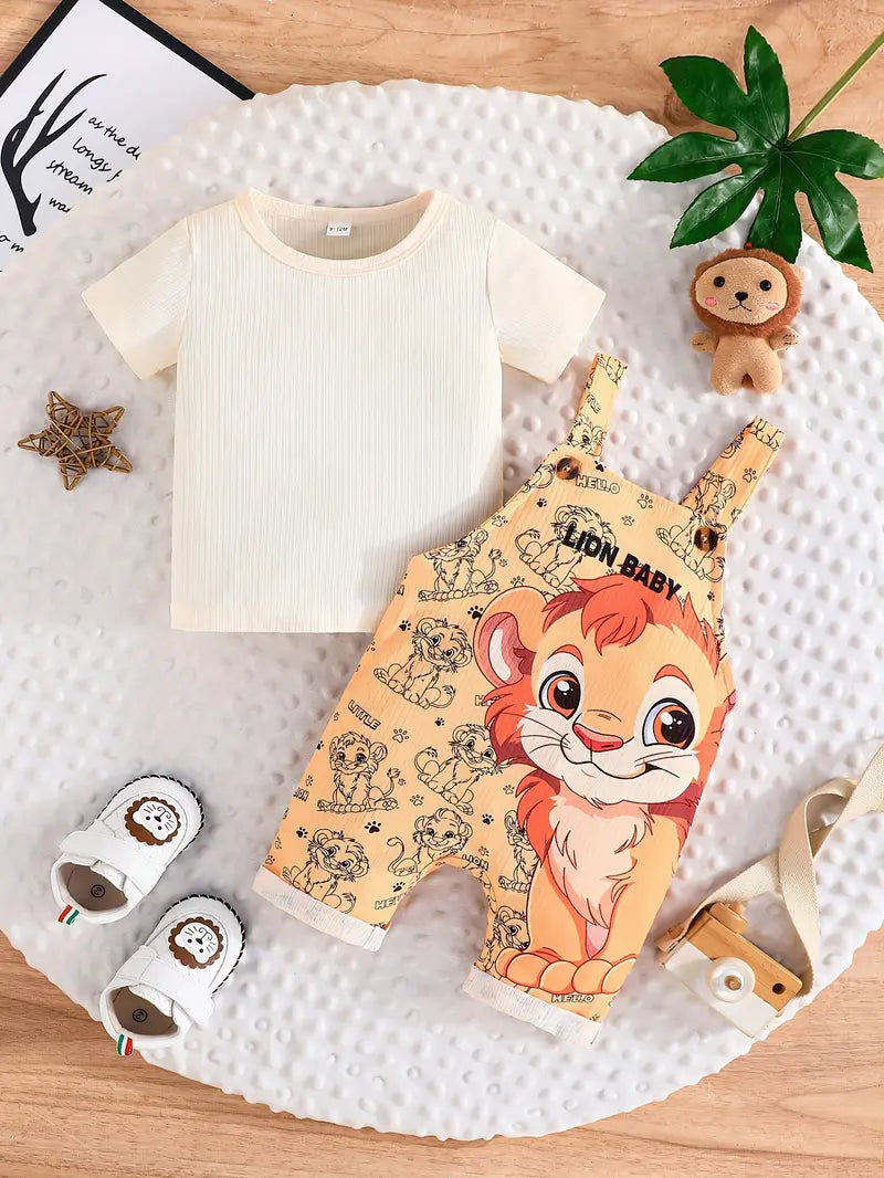 Ensemble Bébé Été avec Salopette Lion et T-shirt Coton – Tenue Confortable et Mignonne