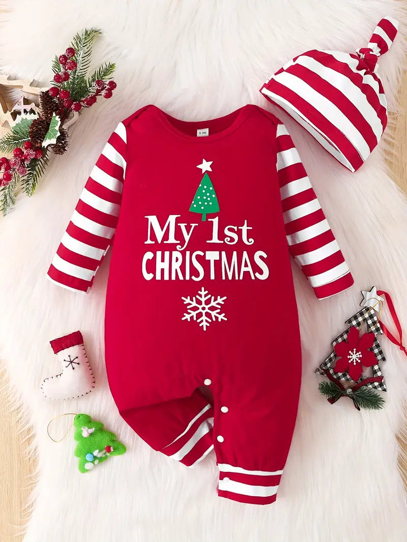 Body Bébé Noël My 1st Christmas – Grenouillère Rouge avec Bonnet Rayé, Tenue de Fête Hiver